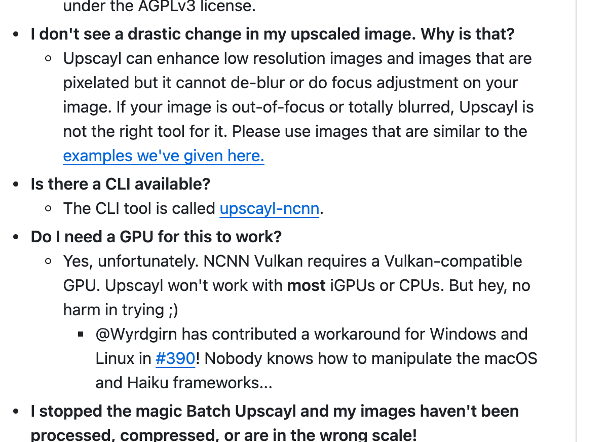 Upscayl 깃허브 FAQ 중 결과가 크게 달라지지 않는 이유를 설명하는 부분