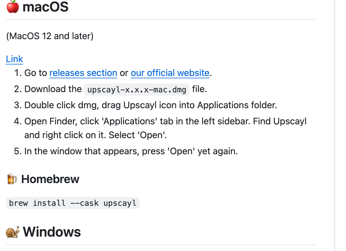Upscayl 깃허브 README의 설치 안내 부분. macOS 12 이상이라고 적혀 있다
