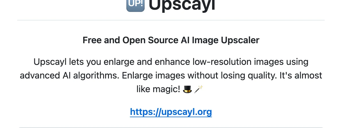 Upscayl 깃허브 저장소 소개 문구. Free and Open Source AI Image Upscaler라고 적혀 있다