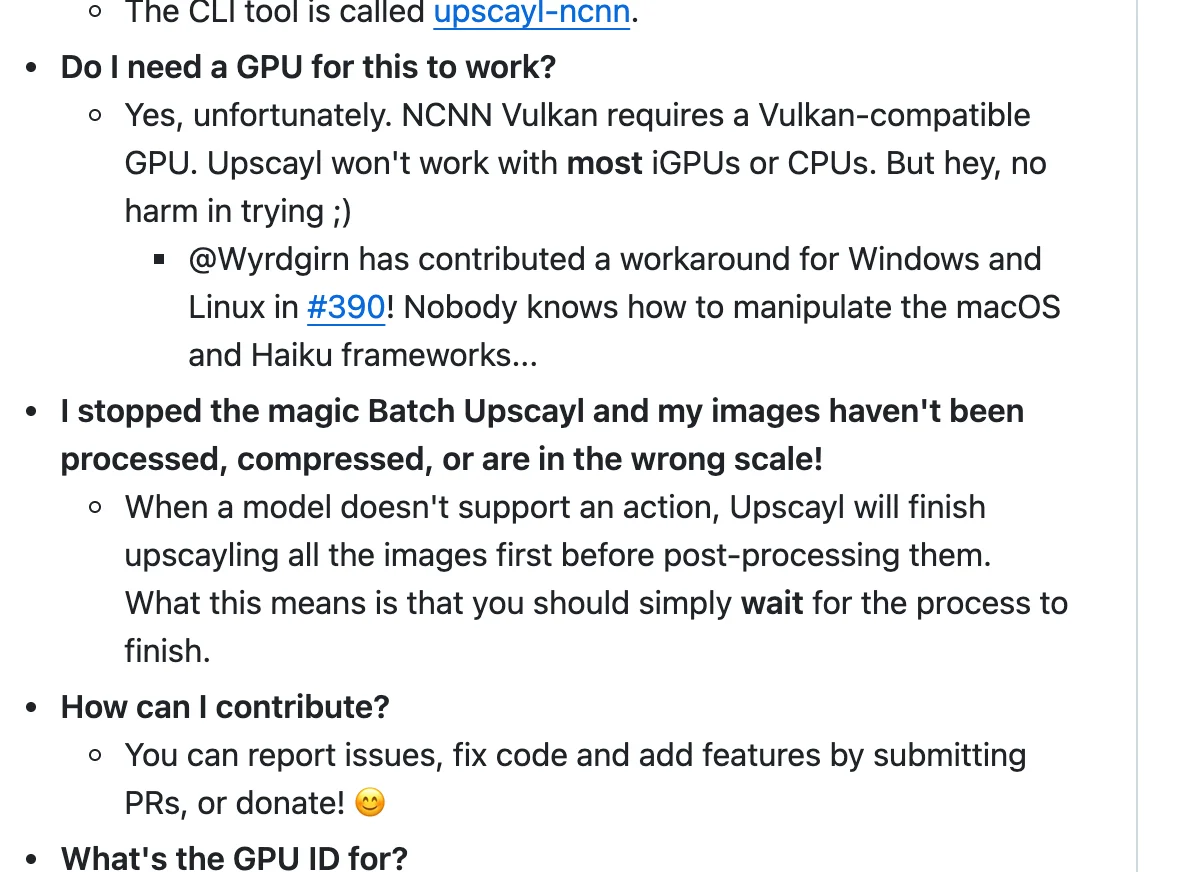 Upscayl 깃허브 FAQ 중 그래픽카드가 필요하냐는 질문과 답변 부분